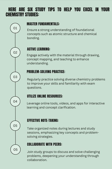 With these six study tips, you can become a master of Chemistry. No more struggling to keep up with the class, no more feeling lost during lectures. These tips will help you improve your skills, build your confidence, and ace your exams. Don't settle for mediocre grades – take charge of your education and become a top-performing Chemistry student! Best Way To Study Chemistry, How To Study Chemistry High Schools, How To Revise Chemistry Effectively, Last Minute Chemistry Study Tips, How To Ace Chemistry, Basic Chemistry, Chemistry Student, Study Chemistry, Student Tips