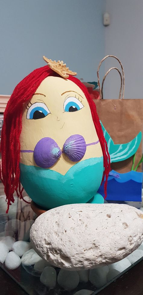 Cute Mermaid Painted Pumpkin, Ariel Pumpkin Decorating, Little Mermaid Pumpkin Painting Ideas, Mermaid Pumpkin Decorating, Ariel Pumpkin Painting, Pumpkin Mermaid, Ariel Pumpkin, Little Mermaid Pumpkin, Mermaid Pumpkin