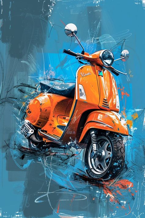 Vespa Art Design, Anime Neighborhood, Vespa Painting, Orange Vespa, Vespa Poster, Scooter Drawing, Vespa Art, Vintage Motorcycle Art, Buddha Art Drawing