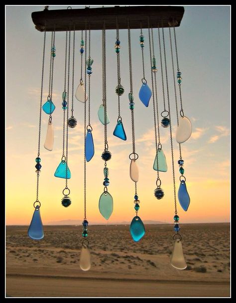 Seaglass Windchime Diy, Beaded Windchimes, Sea Glass Diy, Beaded Suncatcher, Sea Glass Decor, Wind Chimes Homemade, Sea Glass Art Projects, Wind Chimes Craft, Beach Glass Crafts