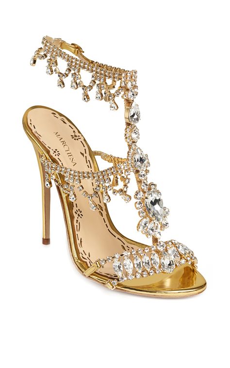 Marchesa I'd like it better in silver instead of gold Hak Tinggi, Fancy Heels, Embellished Shoes, Jeweled Sandals, Prom Heels, Shoes Sandals Heels, Fancy Shoes, Leather Heels Sandals, Shoes Collection