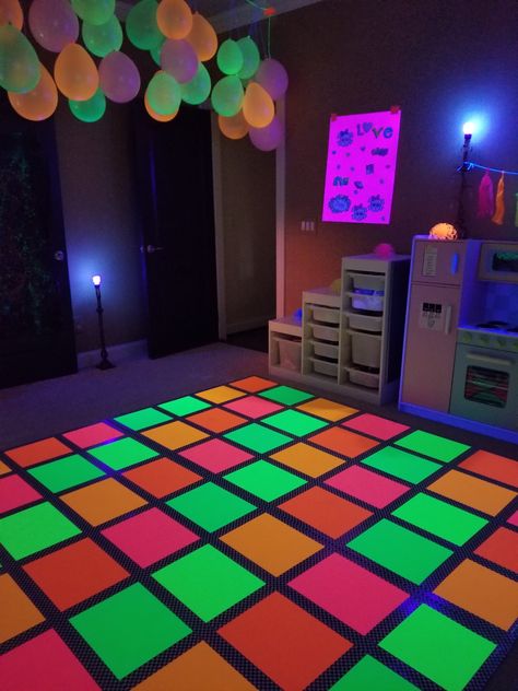 Diy Disco Dance Floor, Halloween Dance Floor, Diy Dance Room, Disco Classroom Decor, Dance Room Ideas, Neon Dance Floor, Dance Theme Ideas, 8th Grade Dance Themes, Diy Dance Floor