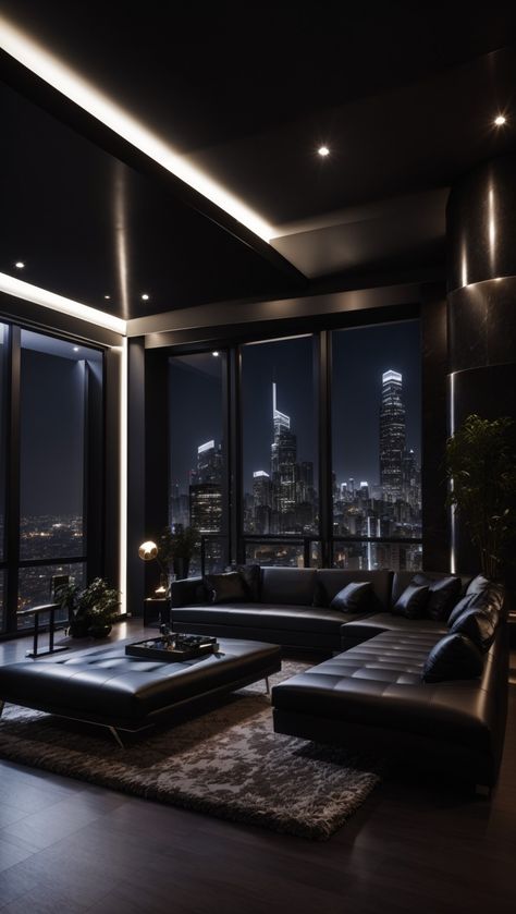 Dark luxury house in a city Penthouse Apartment Aesthetic, Black Luxury House, Dark House Aesthetic, Apartamento New York, Dark Modern House, Penthouse Aesthetic, Penthouse Living Room, Penthouse Interior, Penthouse Design