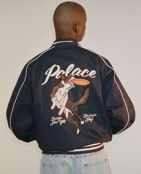 "I find this embroidered jacket from Palace to be playful, but I'm currently seeking a cat-themed version ASAP🐱." Palace Outfit, Fancy Streetwear, Aesthetic Menswear, Palace Clothing, Palace Streetwear, Flight Suits, Teddy Bear Cartoon, 2023 Lookbook, Varsity Jacket Outfit