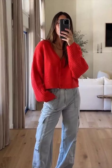 Red Sweatshirt And Jeans Outfit, Red Top And Jeans Outfit Classy, Red Sweater Blue Jeans Outfit, Red Knit Top Outfit, Red 2023 Fashion, Red Shirt Jeans Outfit, Bright Red Sweater Outfit, Jeans And Red Top Outfit, Cargo Pants Sweater Outfit