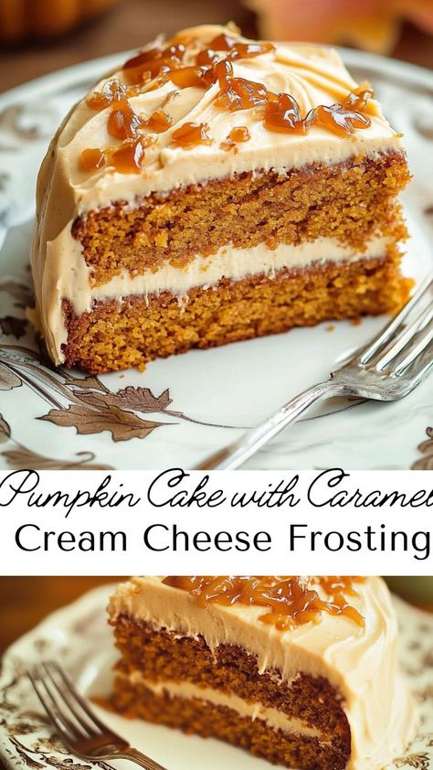 This pumpkin cake with caramel cream cheese frosting is a dessert dream come true! Each bite combines warm, spiced pumpkin flavor with rich, creamy caramel frosting, making it the ultimate fall dessert. Perfect for sharing, it’s sure to impress friends and family alike. Best Pumpkin Cake, Easy Pumpkin Cake, Caramel Cream Cheese Frosting, Moist Pumpkin Cake, Pumpkin Cake Easy, Cream Cheese Pumpkin, Cheese Frosting Recipe, Cake With Caramel, Marshmallow Frosting