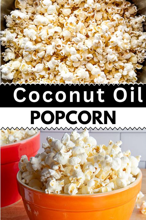 Coconut oil popcorn in an orange bowl. Coated Popcorn Recipe, Coconut Oil Popcorn Recipe, Coconut Oil Popcorn, Popping Popcorn, Cinnamon Popcorn, Homemade Coconut Oil, Stovetop Popcorn, White Popcorn, Eating Well Recipes