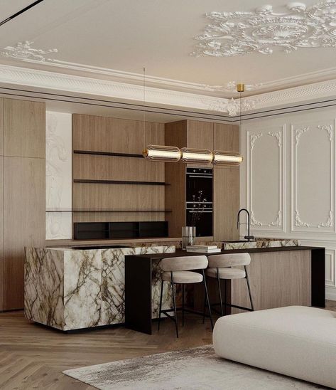 Kitchen Neoclassic Interior Design, Neoclassic Interior Design, Interior Design Neoclassical, Neoclassical Kitchen, Modern Neoclassical Interior, Neoclassic Interior, Luxurious Kitchens, Modern Neoclassical, 3d Living Room