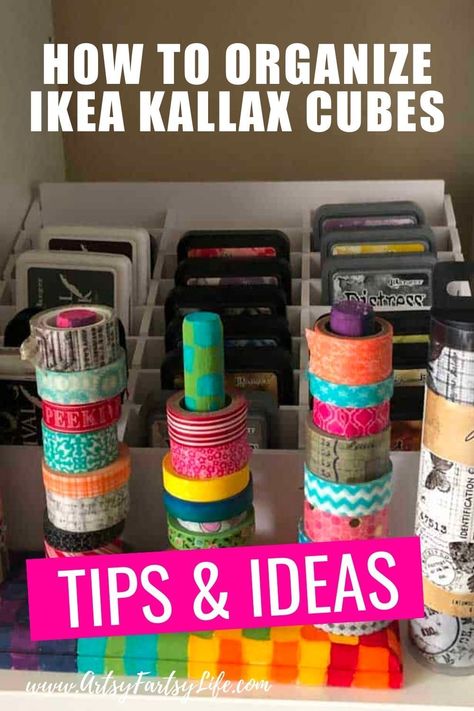 Today I am going to be showing you how I finessed the Kallax cubes in my craft room to make them more functional! Tips and ideas for how to pick the right inserts for your Ikea Kallax Cubes! Craft Room Ikea, Yarn Storage Ideas, Kallax Box, Ikea Bins, Ikea Cubes, Kallax Shelf Unit, Scrapbooking Retreats, Ikea Crafts, Messy Crafts