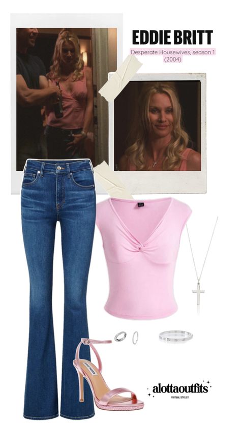 Edie Britt inspired outfit featuring a pink top, denim jeans and silver jewelry Confident Outfits, Edie Britt, Early 2000s Trends, Confident Outfit, Desperate Housewives, Wife And Kids, Simple Trendy Outfits, Rachel Zoe, Bold Fashion