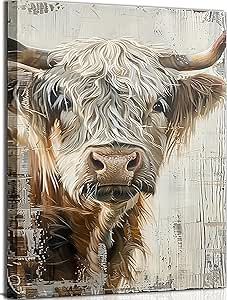 Art Countryside, Farmhouse Poster, Cow Artwork, Highland Cow Painting, Picture Wall Decor, Scottish Cow, Highland Cow Art, Highland Cow Canvas, Wall Decor Farmhouse