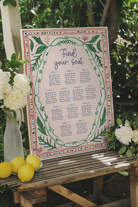 Colorful Floral Wedding Seating Chart, Printable Wedding Table Plan, Wedding Plan, Garden Wedding, Wedding Seating Floral Wedding Sign DAGNY by ForeverPrintDesign on Etsy Retro Seating Chart Wedding, Wedding Canvas Sign, Table Charts For Weddings, Frank Lloyd Wright Wedding, Wedding Seating Chart Cards, Limoncello Seating Chart, Wedding Table Assignments Display, Eclectic Wedding Color Scheme, Bookmark Seating Chart