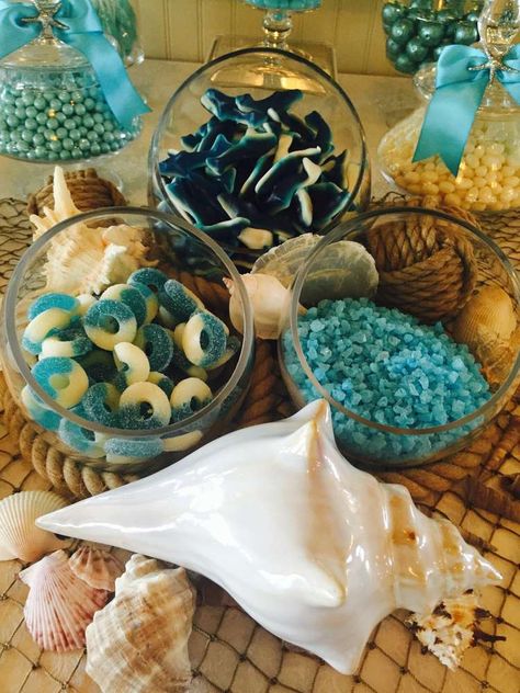 Delicious candy display at a beach themed wedding party! See more party planning ideas at CatchMyParty.com! Beach Themed Wedding, Beach Bridal Showers, Beach Birthday Party, Candy Display, Ocean Wedding, Beach Themed Party, Themed Wedding Cakes, Beach Birthday, Beach Bridal