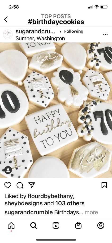 Male Birthday Cookies, Black And Silver Birthday Cookies, Classy Birthday Cookies, Black And White Birthday Cookies, Elegant Birthday Cookies, Happy Birthday Cookies For Men, 70th Cookies Decorated, Classy Birthday Cookies Decorated, White And Gold Birthday Cookies