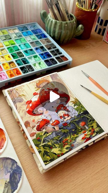 Himi Gouache Art, Gouache Art Inspiration, Aesthetic Gouache Art, Gouache Painting Techniques, Practice Painting, Supplies Aesthetic, Gouache Illustrations, Gouache Art, Painting Process