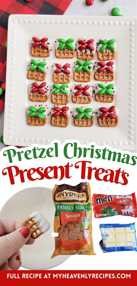 Pretzel Christmas Present Treats- easy christmas dessert treat idea to make for a party. Christmas food baggie gifts for neighbors. Easy m&m pretzel chocolate treats. Pretzels that look like gifts with a bow. Pretzel Chocolate Treats, Pretzel Rolo, Chocolate Pretzels Christmas, Pretzel Christmas, Pretzel Chocolate Bites, Easy Christmas Dessert, Gifts For Neighbors, Pretzel Chocolate, Christmas Pretzels