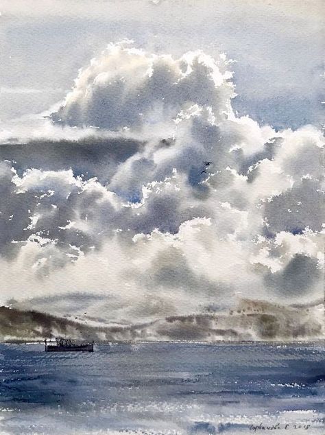 Watercolour Skies, Eugenia Gorbacheva, Watercolour Clouds, Aquarel Painting, Watercolor Skies, Watercolour Sky, Clouds Watercolor, Loose Watercolour, Watercolor Art Landscape