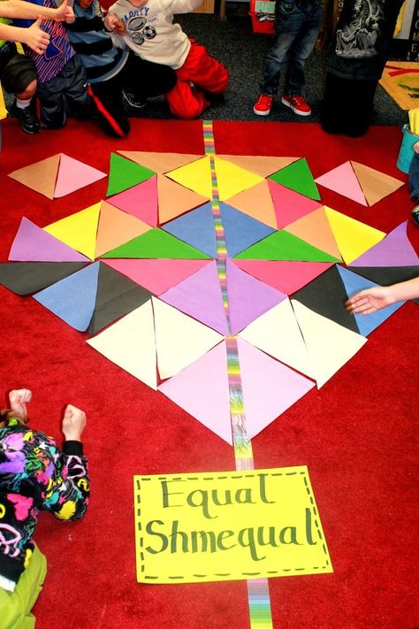 First Grade Wow: Equal Shmequal! Life sized game inspired by the book. Symmetry Activities, Math Night, Math Measurement, Teaching Time, Math Fractions, Math Geometry, Math Workshop, Guided Math, First Grade Math