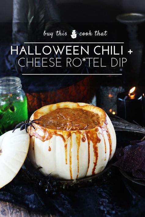 Halloween Potluck Ideas, Halloween Chili, Halloween Dip, Halloween Potluck, Pasteles Halloween, Halloween Finger Foods, Rotel Dip, Chili Cheese Dips, Halloween Food Appetizers