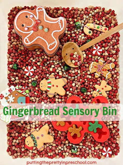 A chickpea-based gingerbread sensory bin children will love. Shop the dollar stores for gingerbread accessories to fill the bin. Gingerbread Sensory Bin, Gingerbread Sensory, Toddler Apple Crafts, Gingerbread Activities Preschool, Gingerbread Accessories, Winter Sensory Bin, Gingerbread Unit, Christmas Activities For Toddlers, Hearts Paper Crafts