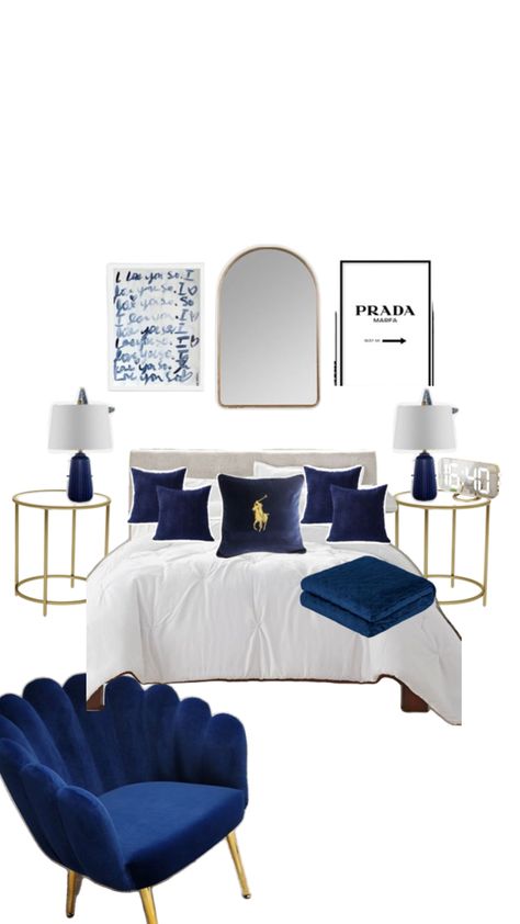 Navy Blue Carpet Bedroom, Dorm Room Navy Blue, Clean Girl Room Aesthetic Navy Blue, Navy Bed Ideas, Navy Room Decor Bedroom, Navy Bedroom Aesthetic, Navy Room Aesthetic, Bedroom Inspirations Navy, Blue White And Gold Bedroom