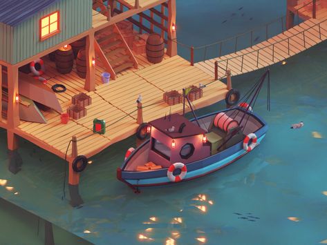 Fishing Station by Mehdi Rezaee for Piqo on Dribbble Fishing Station, Blender Inspiration, Props Concept, Low Poly Games, 3d Concept, Isometric Art, Game Environment, Isometric Design, Low Poly Art