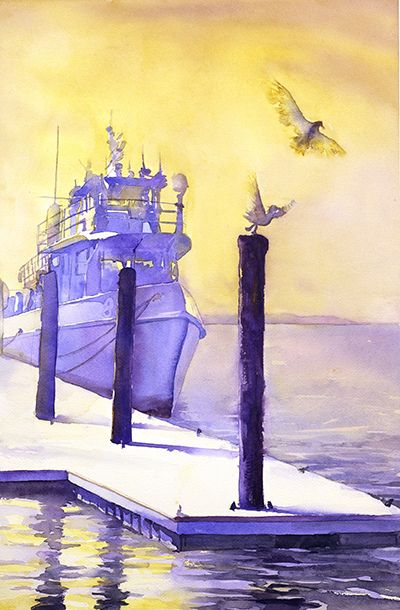 Watercolor painting of seagulls and tugboat at Morehead City, NC- Ryan Fox Boat Artwork, Fox Watercolor, Coastal Artwork, Link Art, Tug Boats, Sunset Painting, Watercolor Artist, Watercolor Landscape, American Artists