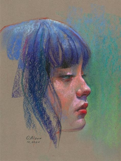 Pastel Portraits Tutorial, Azure Color, Chalk Pastel Art, Blue Black Hair, Profile Drawing, Modern Expressionism, Soft Pastels Drawing, Chalk Pencil, Portrait Artists