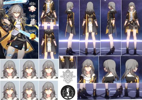 A character design sheet for Stelle / Female Trailblazer from Honkai Star Rail Female Trailblazer, Character Design Sheet, Design Sheet, Anime Head, Hair Tutorials Easy, Cartoon Crossovers, Art Prompts, Honkai Star Rail, Character Sheet