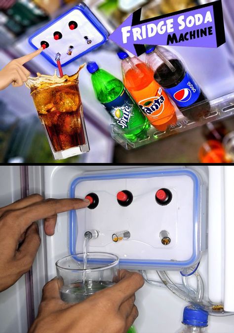 How to make a fountain dispenser in your own fridge! Soda Fountain Machine, Diy Soda, Modern Refrigerator, Soda Machine, Dispenser Diy, Ice Bin, Interior Design Help, Soda Machines, Diy Fountain