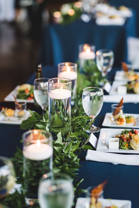 Summer Wedding Reception Table Setting with Navy Blue Linens & Greenery Table Runner Navy Blue Table Cloth Wedding, Navy Blue Wedding Table Settings, Dark Blue Table Setting, Navy Blue Table Settings, Navy Champagne Wedding, Navy Blue Party Decorations, Greenery Table Runner, Bookish Wedding, Navy Table Runner