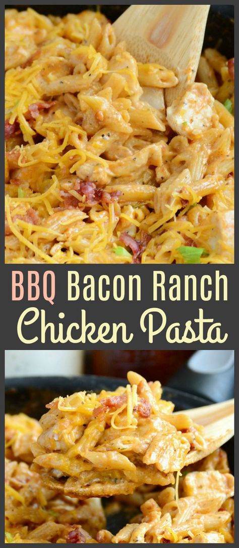 BBQ Chicken Bacon Ranch Pasta - The Weary Chef Bacon Ranch Pasta, Chicken Ranch Pasta, Ranch Sauce, Chicken Bacon Ranch Pasta, Ranch Pasta, Bbq Bacon, One Dish Dinners, One Pot Dinner, Bbq Sauce Homemade