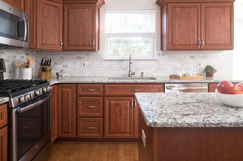 A Stunning Transitional Kitchen Makeover Featuring Cherry Cabinets Cherry Cabinets White Countertops, Cherry Wood Kitchen Cabinets, Hale House, Cherry Wood Kitchens, Cherry Floors, Gallery Kitchen, Kitchen Design Gallery, Brown Kitchen Cabinets, Grandparents House