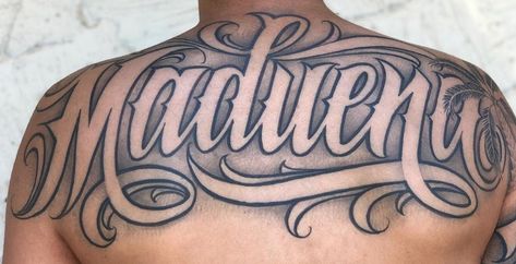 Back Tattoos Japanese Letters, Back Tattoos For Guys Lettering, Back Last Name Tattoo Men, Last Name Tattoos For Men On Back, Back Lettering Tattoo, Last Name Back Tattoos For Men, Chest Lettering Tattoo Men, Big Lettering Tattoo, Name Tattoos On Arm