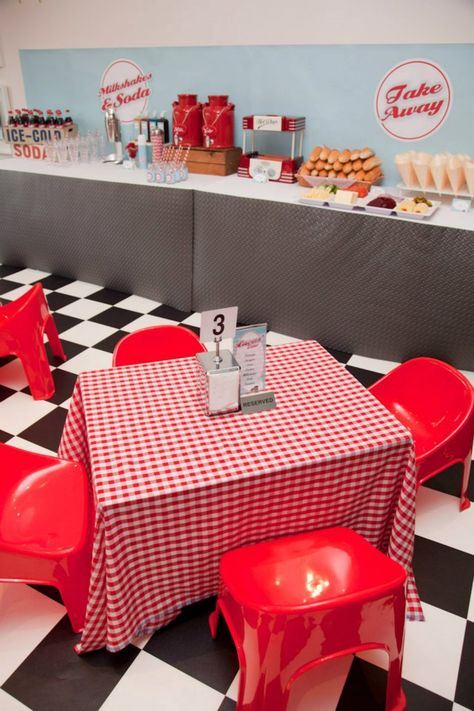 Maybe we could just create a "hangout" spot like we see on so many tv sitcoms...ex. "saved by the bell", "that 70's show", etc. We could just create a little 50's diner or something? Grease Theme, Preteen Birthday, Grease Party, 50s Theme Parties, Sock Hop Party, 50's Diner, Diner Party, Rock N Roll Party, 50s Diner