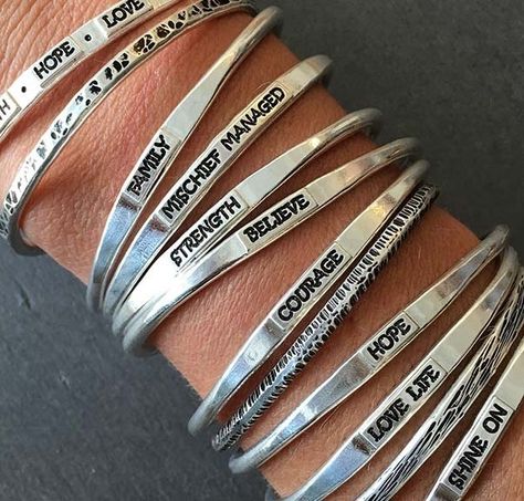 Affordable graduation jewelry gifts: Say it with a Bangle personalized bracelets by HeidijHale Bracelets Words, Metal Stamping Ideas, Metal Stamped Jewelry, Graduation Jewelry, Stamped Bracelet, Bangles Making, Silver Bangle Bracelets, I Love Jewelry, Stamped Jewelry