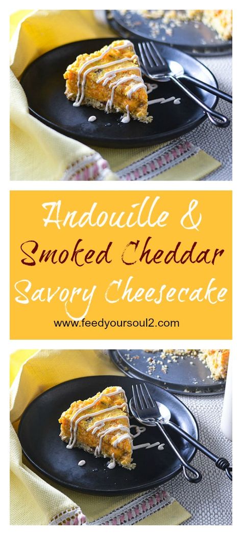 Andouille & Smoked Cheddar Savory Cheesecake from Feed Your Soul Too Gluten Free | Cheese | Appetizer Savory Cheesecake, Cheese Appetizer, Savory Cheese, The Deep South, Gourmet Cakes, Fried Chicken Sandwich, Southern Fried Chicken, Savory Tart, Cheese Dishes