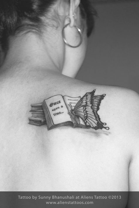 Once Upon a Time book tattoo Open Book Tattoo, Reader Tattoo, Writer Tattoo, Teacher Tattoos, Book Tattoos, Bookish Tattoos, Literary Tattoos, Alien Tattoo, Inspiration Tattoo