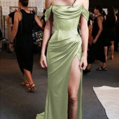 Sheath/Column Off-The-Shoulder Short Sleeves Sweep/Brush Train Silk Like Satin Dresses Color - Dusty Sage Size - Us6-Au/Uk10-Eur36 Measurement Unit - Inch Bust - 34.5 Waist - 27.5 Hips - 37.75 Hollow To Floor - 59 Matcha Green Bridesmaid Dress, Bridesmaid Dresses Green Sage, Sage Green Fairy Dress, Light Green Dress Formal, Sage Green Prom Dress Long, Graduation Dress With Sleeves, Sage Prom Dresses, Sage Green Dress Formal, Pastel Green Prom Dress