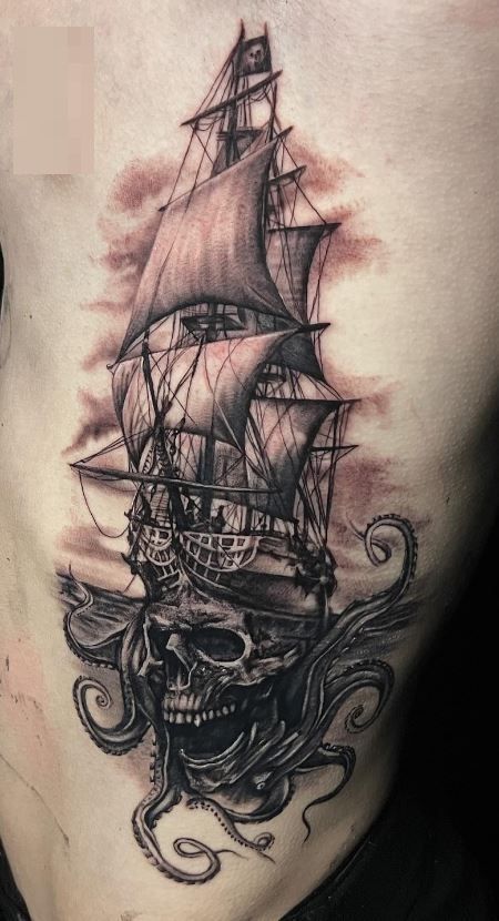 This article contains 60 fully original, distinctive, and eye-catching ship tattoo ideas. Bonus: all meanings explained. Vii Tattoo, Pirate Boat Tattoo, Tattoo Pirate, Ship Tattoo Sleeves, Pirate Ship Tattoo, Boat Tattoo, Pirate Tattoo, Rotary Tattoo, Full Back Tattoos