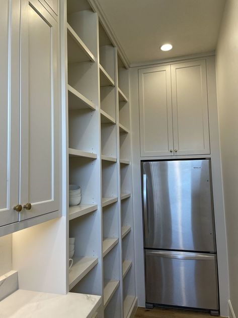 Narrow Walk In Pantry With Freezer, Visible Pantry Ideas, Scullery With Fridge, Pantry Connected To Kitchen, Fridge In Walk In Pantry, Narrow Scullery Ideas, Secret Butlers Pantry, Pantry With Upright Freezer, Pantry With Vaulted Ceiling