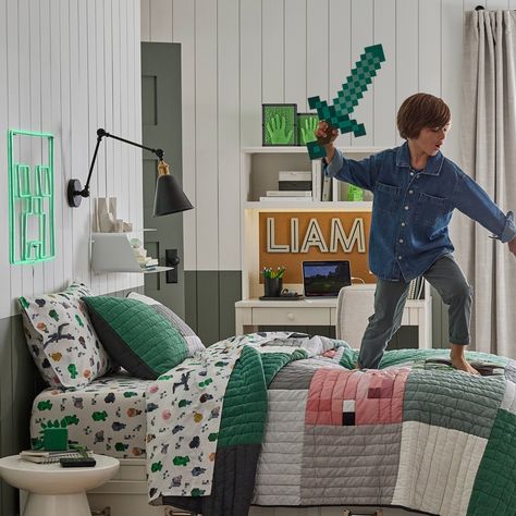 Defenders of the Overworld will feel right at home with these pixel-perfect @minecraft styles from our exclusive collection 💚 ⚔️ #lovemypbk Boys Minecraft Bedroom, Gamer Bedroom Ideas, The Ender Dragon, Mermaid Sheets, Minecraft Decoration, Ender Dragon, Gamer Bedroom, Minecraft Theme, Minecraft Bedroom