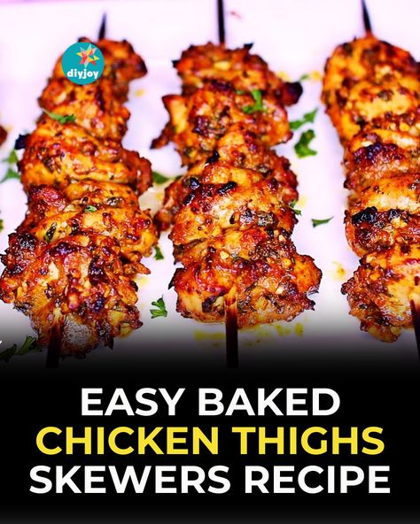 Make the best chicken thighs skewers in your oven with this super easy recipe! Get the ingredients and instructions here. Chicken Thigh Skewers, Meal Portions, Easy Baked Chicken Thighs, Grilled Chicken Kabobs, New Chicken Recipes, Marinated Chicken Thighs, British Cooking, Amazing Chicken, Kabob Recipes