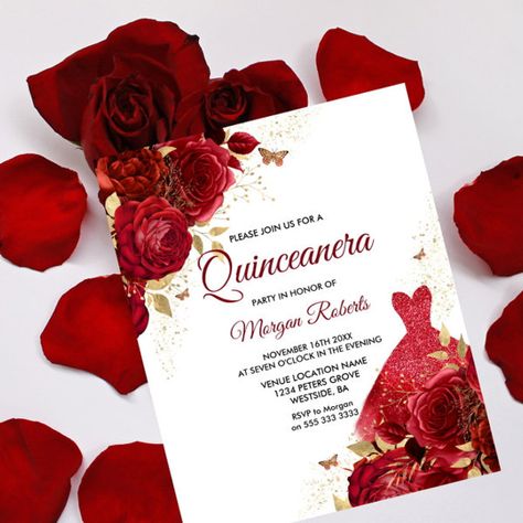 Red Roses Dress Budget Quinceanera Invitation Budget Quinceanera, Red Roses Dress, Red Sweet 16, Glitter Sweet 16, Shop Red Dress, Invitations Quinceanera, Quinceañera Invitations, Roses Dress, Ros Gold