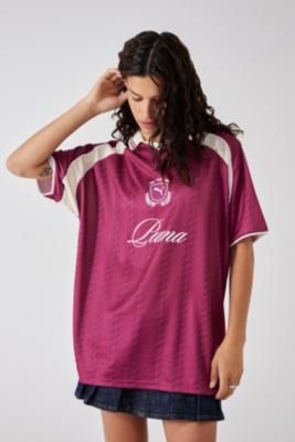 Boxy-fit football jersey by Puma. Featuring a diamond print complete with drop shoulders, short sleeves and a spread collar. Topped with a panelled design and logo print to the chest. **Content + Care** \- 100% Polyester \- Machine wash **Size + Fit** \- Model is 171cm/5'7.5" and wearing size Small \- Use our size guide to check how this product fits | Puma Archive Pink Football Jersey Top - Pink XS at Urban Outfitters Pink Football Jersey, Pink Football, Pink Jersey, Pink Fits, Ladies Tops, Diamond Print, Jumper Shirt, Football Jersey, Jersey Top