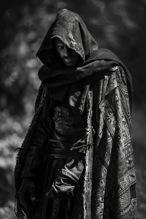 Image Black And White Cinematography, High Contrast Black And White, Cloak With Hood, Inspirational Digital Art, Black Cloak, Still Frame, Colorful Roses, Hooded Cloak, Modern Chinese