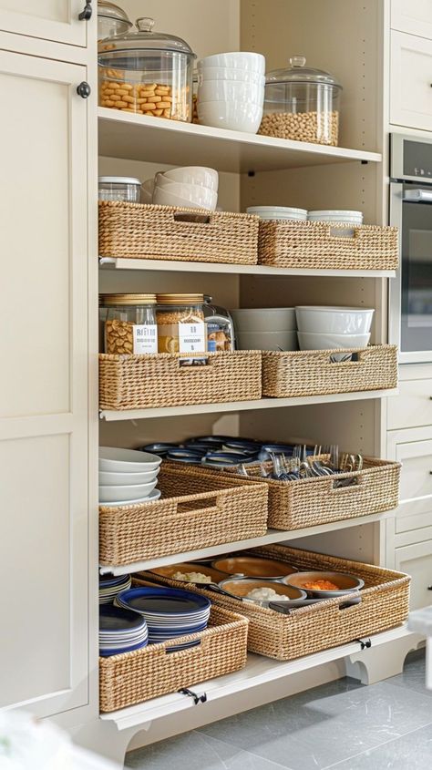 Well-organized pantry with wicker baskets, translucent jars, and white bowls filled with pasta, grains, and spices - Efficient vertical space storage for kitchen organization. Pasta Storage, Pantry Organization Ideas, Space Kitchen, Tidy Kitchen, Kitchen Storage Solutions, White Bowls, Organization Tips, Pantry Organization, Kitchen Space