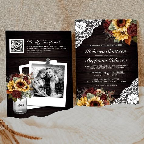 Burgundy Roses Sunflower Wood Lace Qr Code Wedding Invitation #zazzle #weddinginvitations #birthdayinvitations #babyshowerinvitations #zazzleinvitations #monogram #businesscards #graduation #homedecor Burgundy Sunflower, Rsvp Website, Burgundy Roses, Qr Code Wedding, Rsvp Online, Spring Wedding Invitations, Elegant Bridal Shower, Flower Invitation, Rustic Flowers