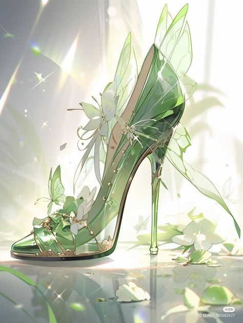 Manhwa Shoes, Manhwa Clothes, Fendi Shoes Men, Fairy Heels, Drawing High Heels, Whimsical Shoes, Butterfly Heels, Magic Shoes, Green High Heels