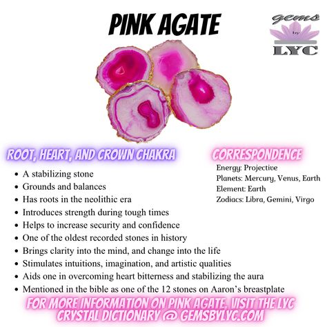 For more information and affirmations on Pink Agate, please click the link! Pink Healing Crystals, Pink Stones And Crystals, Pink Agate Crystal Meaning, Pink Agate Meaning, Learning Crystals, Crystals Healing Grids, Agate Properties, Crystal Healing Chart, Agate Meaning